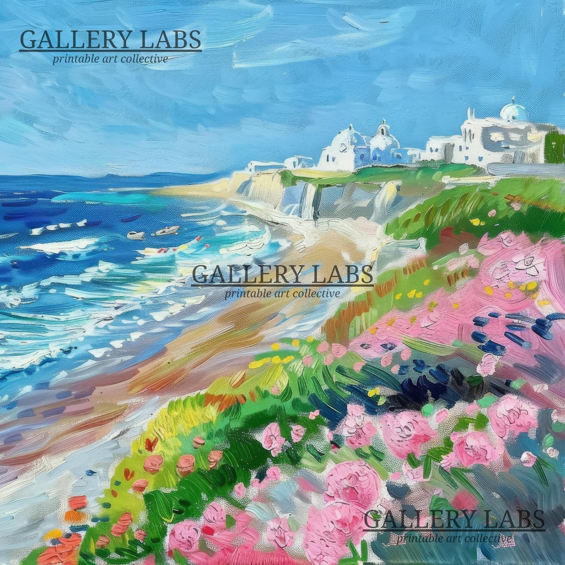 Sunny Coastal Beach with Pink Flowers White Village Seascape Wall Art Print - Image 4