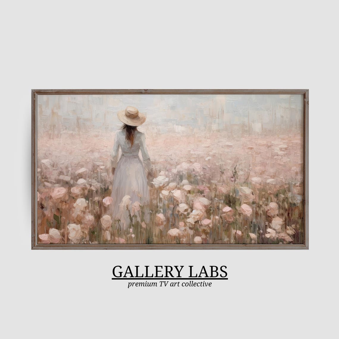 Lady in Straw Hat in Blooming Pink Rose Field Romantic Art Print - Image 3