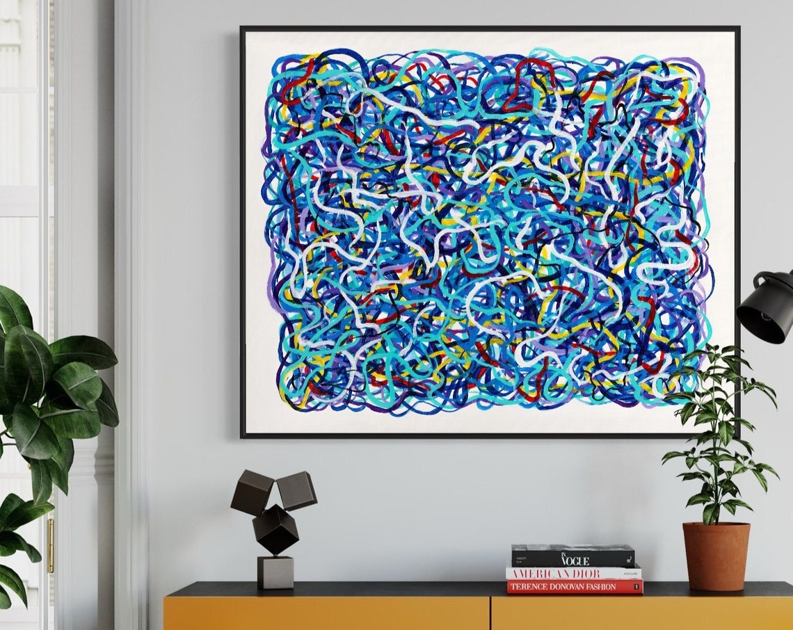 Dense Blue And Multicolor Squiggle Painting By Ron Deri Poster - Image 3