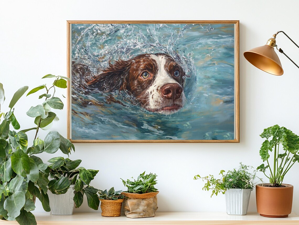 Brown And White Spaniel Swimming In Splashing Water Art Poster - Image 2