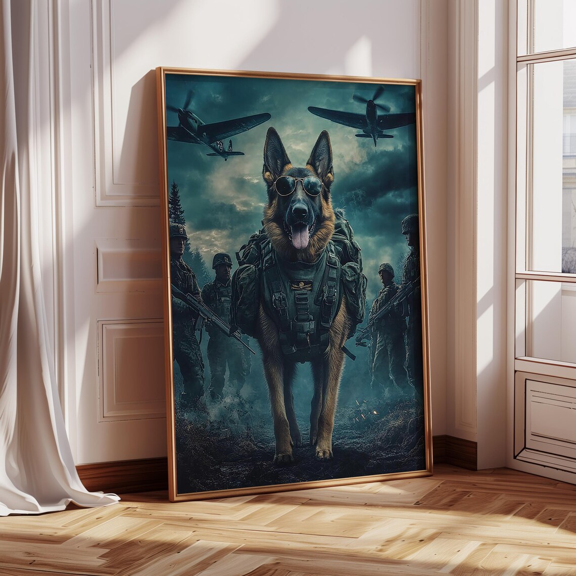 German Shepherd Army Dog in Gear With Soldiers and Warplanes Poster - Image 3