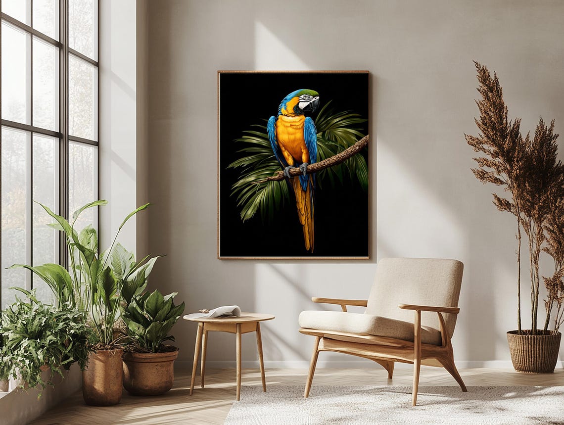 Blue And Yellow Macaw Parrot On Branch Black Background Poster - Image 3