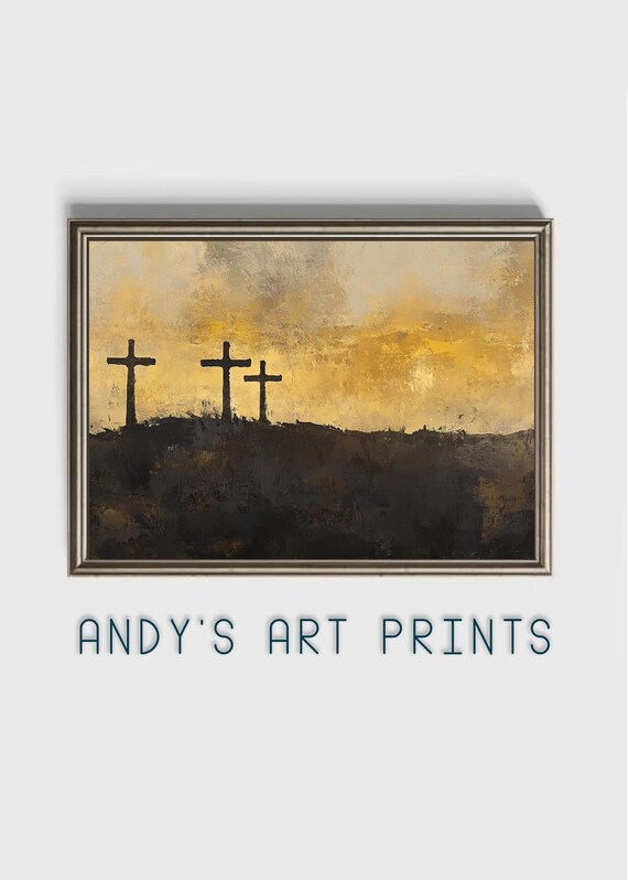 Three Crosses Of Calvary Silhouetted Against Golden Sunset Sky Poster