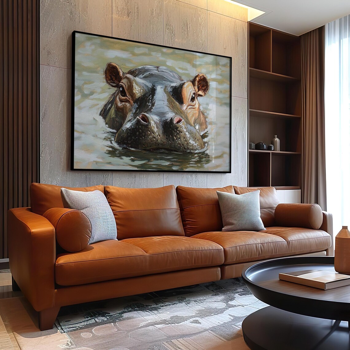 Hippopotamus Emerging From Water Close Up Oil Painting Poster - Image 3