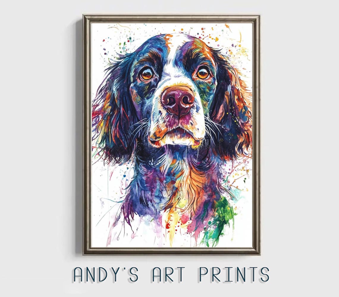 Rainbow Watercolor Springer Spaniel Portrait Splatter Art Print - Image 3