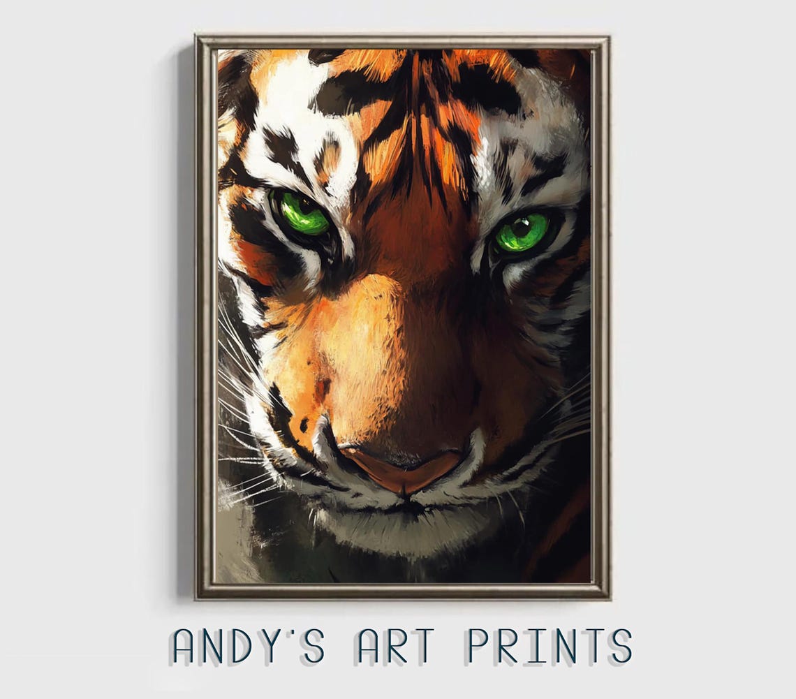 Tiger Face Close Up With Green Eyes Wildlife Oil Painting Poster - Image 2