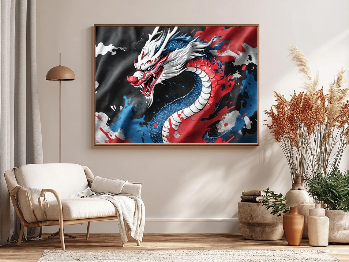 Japanese Dragon in Red White and Blue Graffiti Inspired Art Poster - Image 3