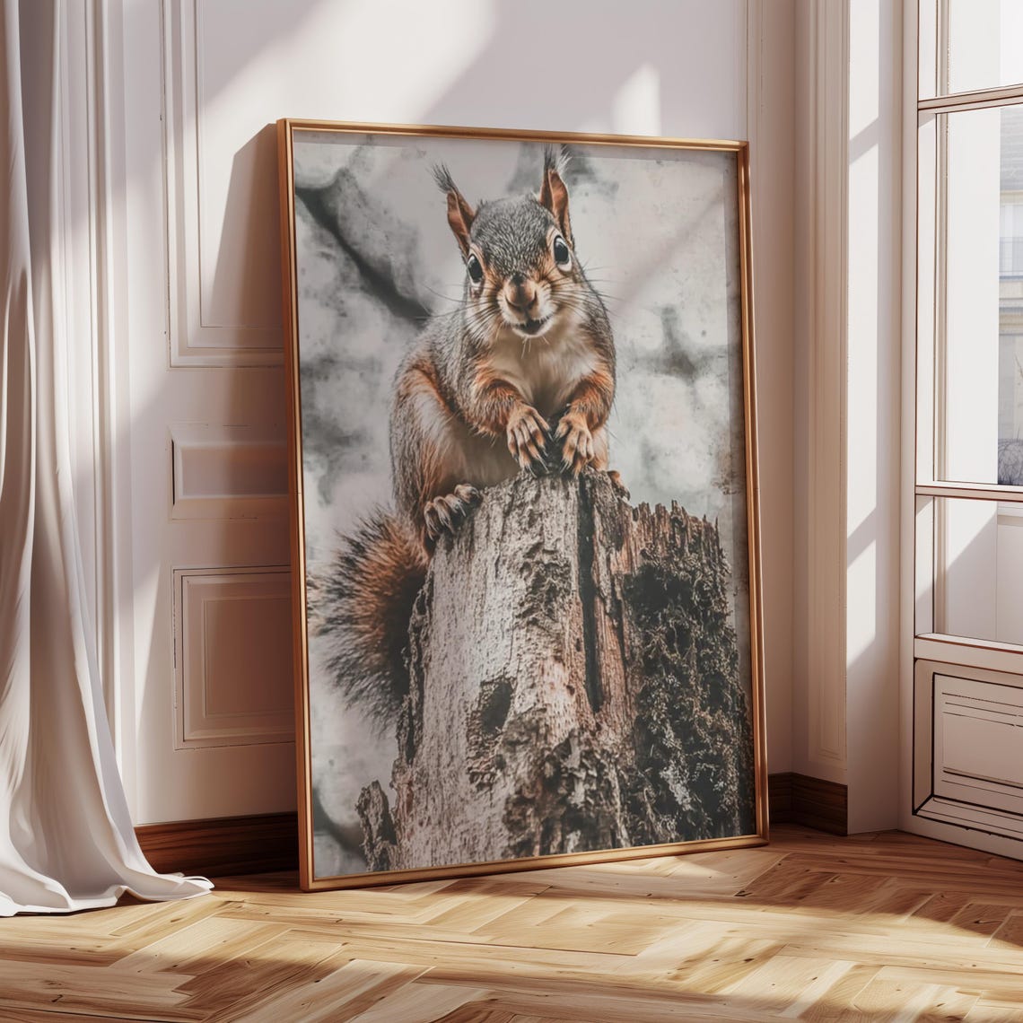 A Curious Squirrel Sitting on a Tree Stump Nature Photo Poster