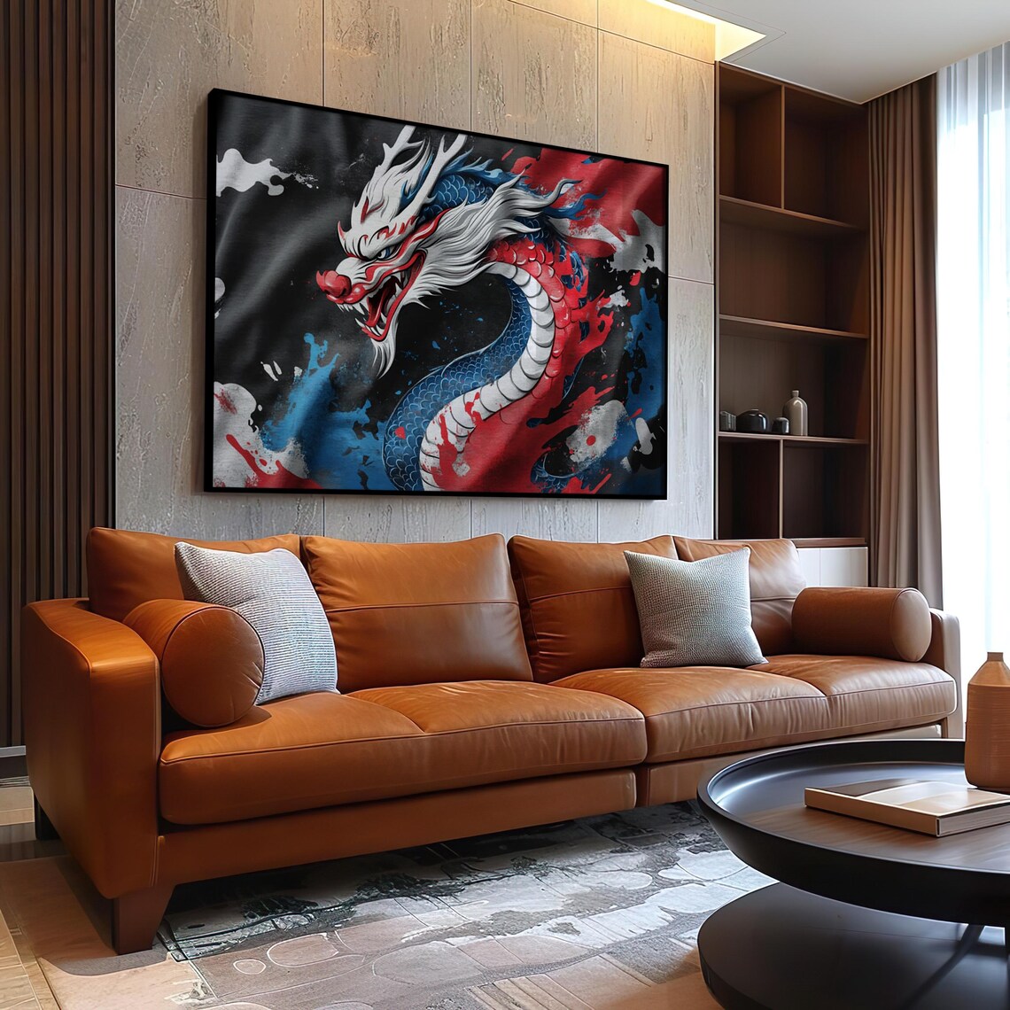 Japanese Dragon in Red White and Blue Graffiti Inspired Art Poster - Image 2