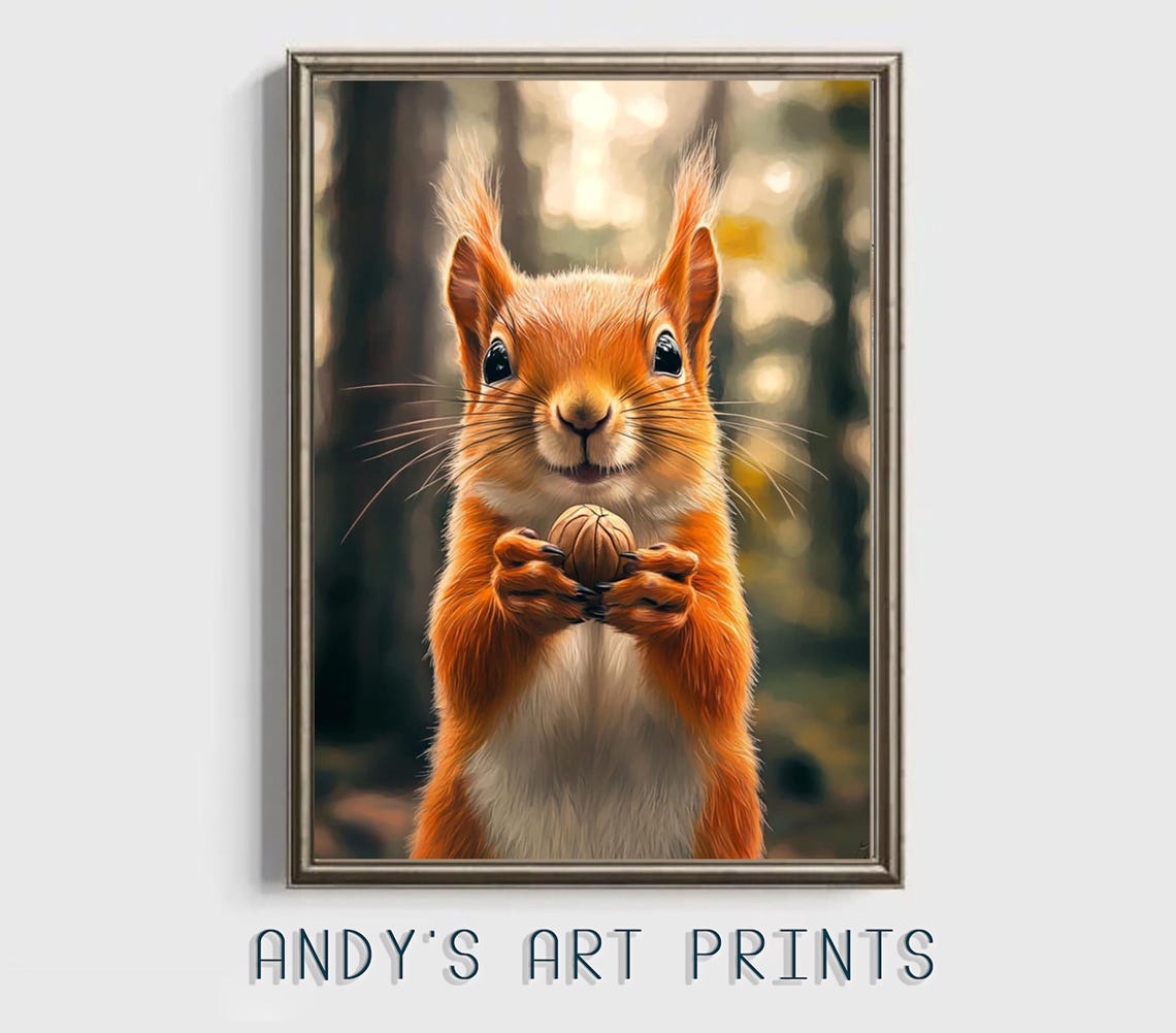 A Cute Red Squirrel Holding a Nut in a Sunlit Forest Art Poster - Image 3
