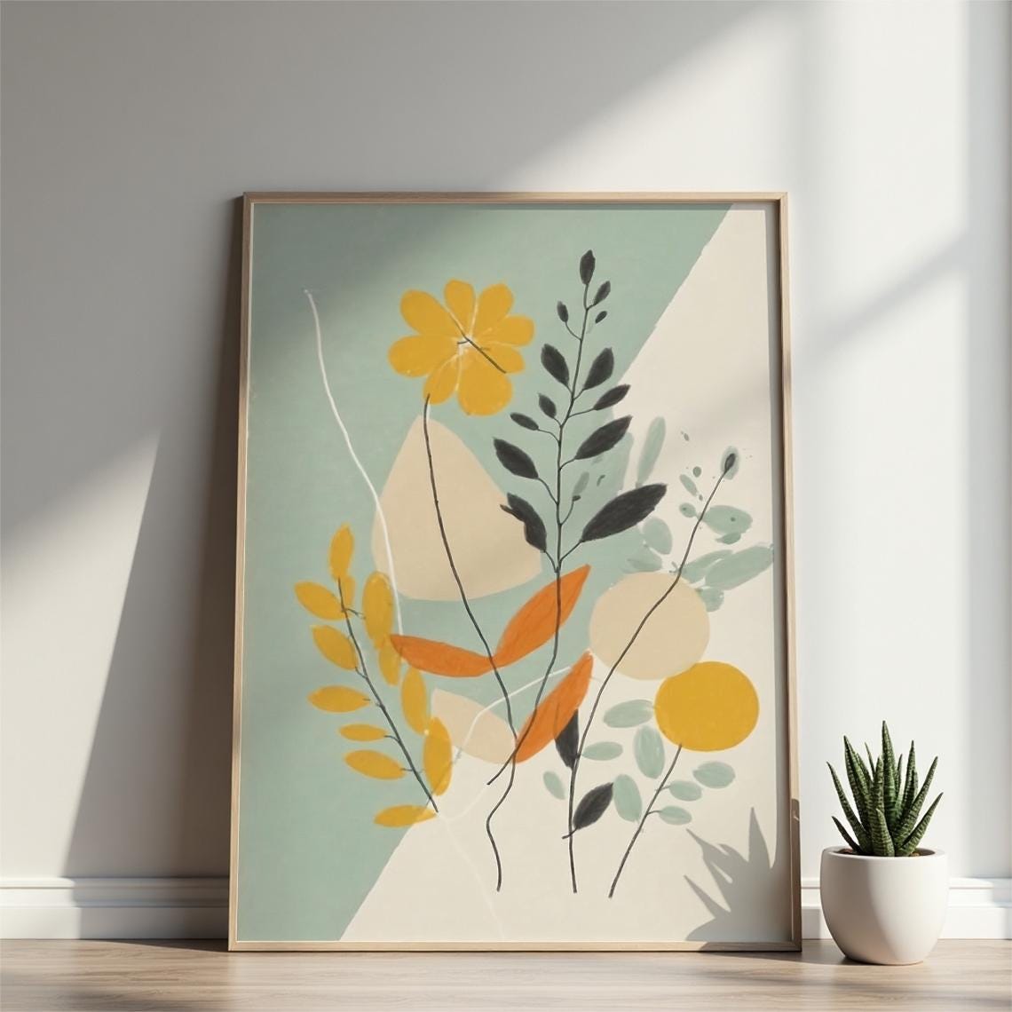 Abstract Botanical Mid Century Modern Floral Poster in Sage and Gold