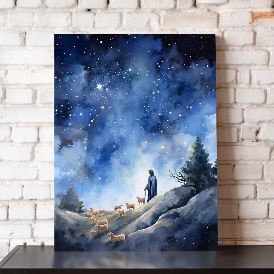Lone Shepherd Sheep Rocky Hillside Starry Night Watercolor Art Poster