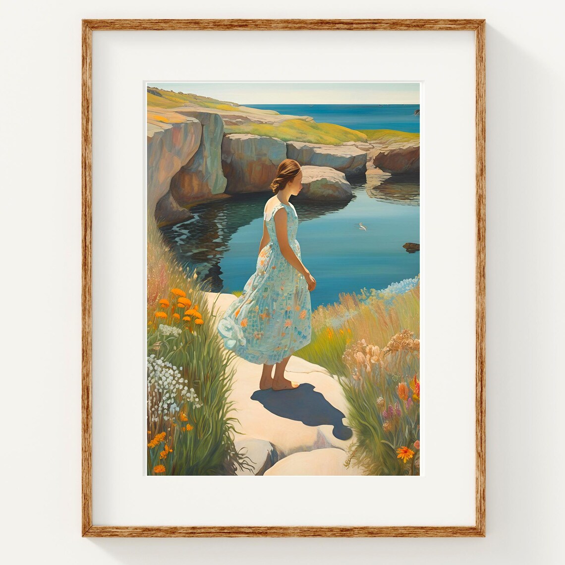 Woman By Rocky Cove Calm Blue Water Scenic Coastal Art Poster