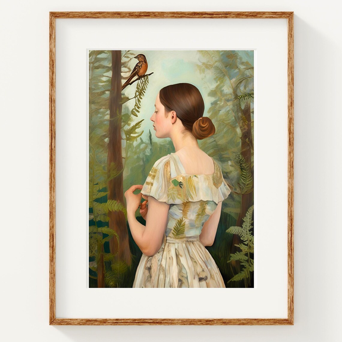Woman In Forest Bird On Branch Botanical Fine Art Painting Poster