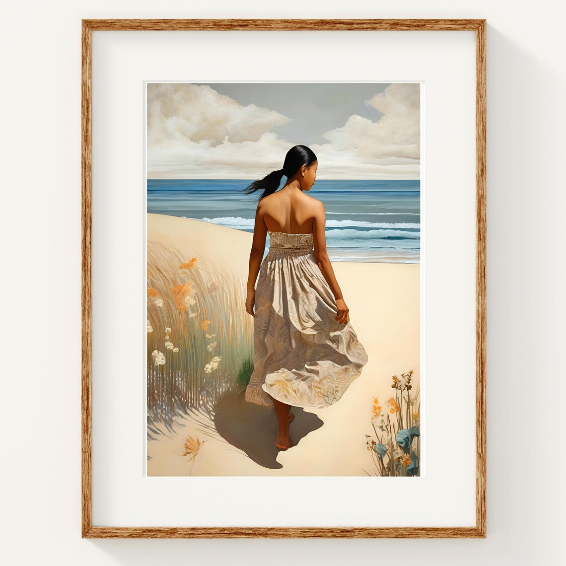 Woman On Beach Windy Dress Back View Coastal Seaside Art Poster