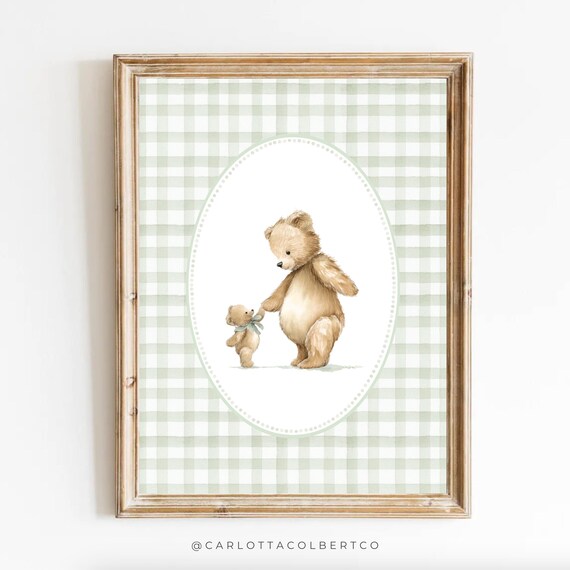 Mama Bear and Baby Bear Nursery Poster Sage Green Gingham Decor