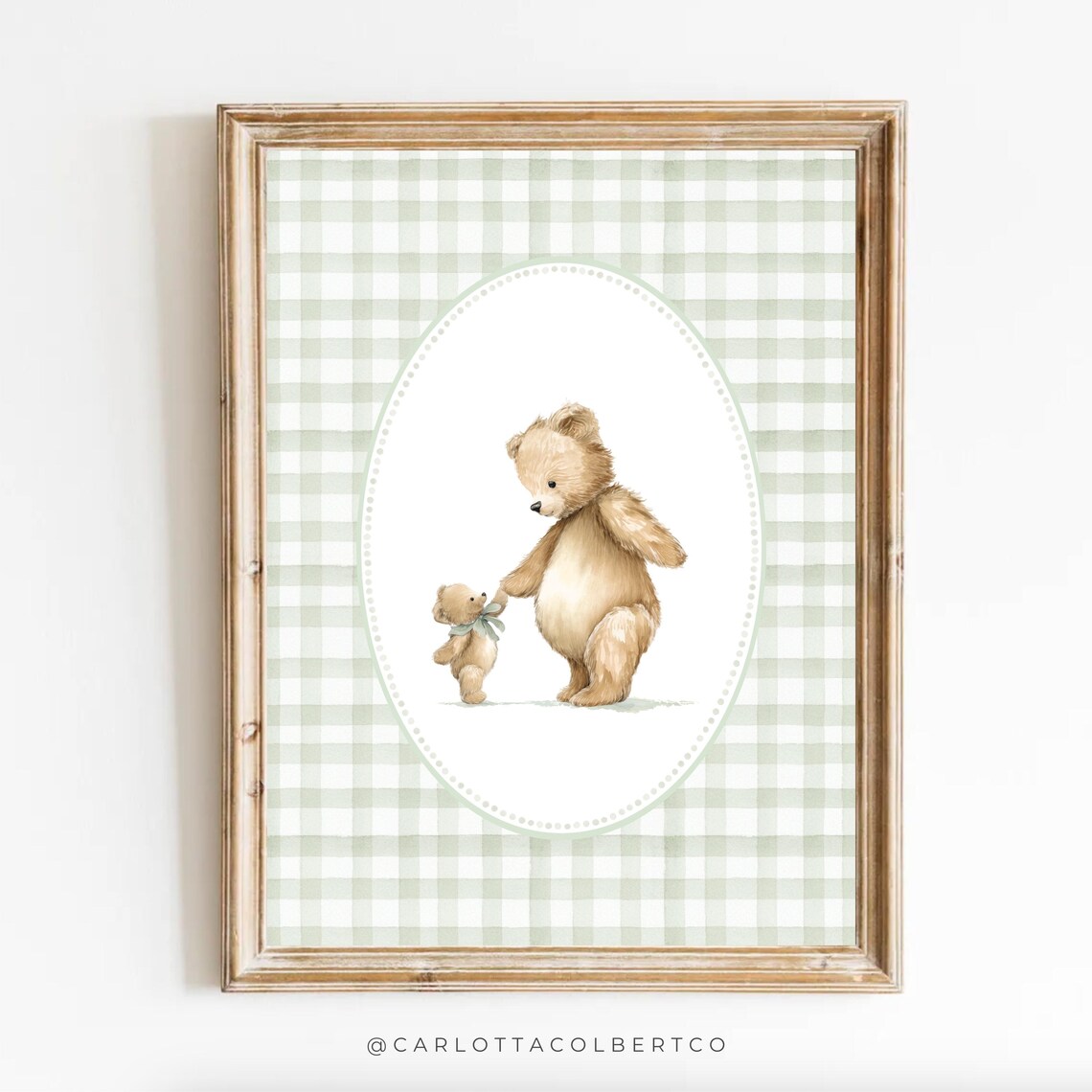 Bear Nursery Art Vintage Sage Green Boy Decor Mom And Baby Gingham Print Poster