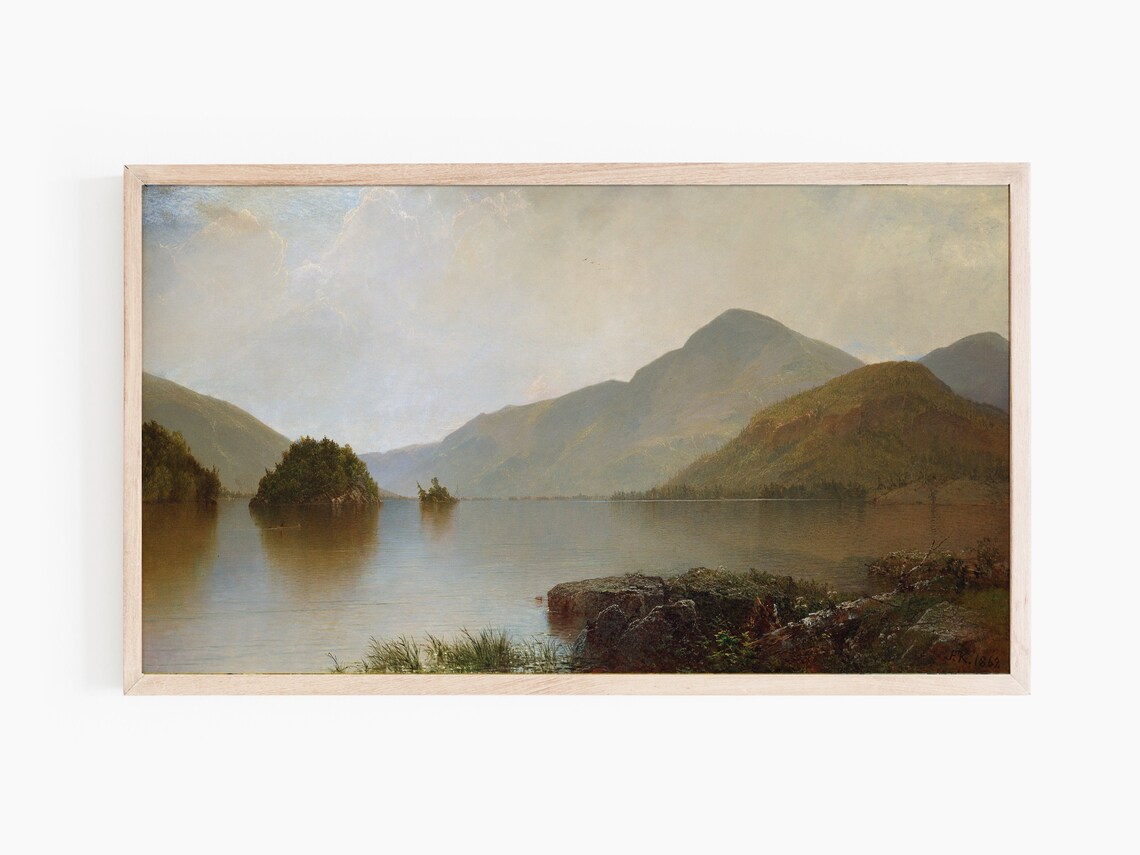 Vintage Mountain Lake Serene Calm Water Reflection Landscape Print - Image 2
