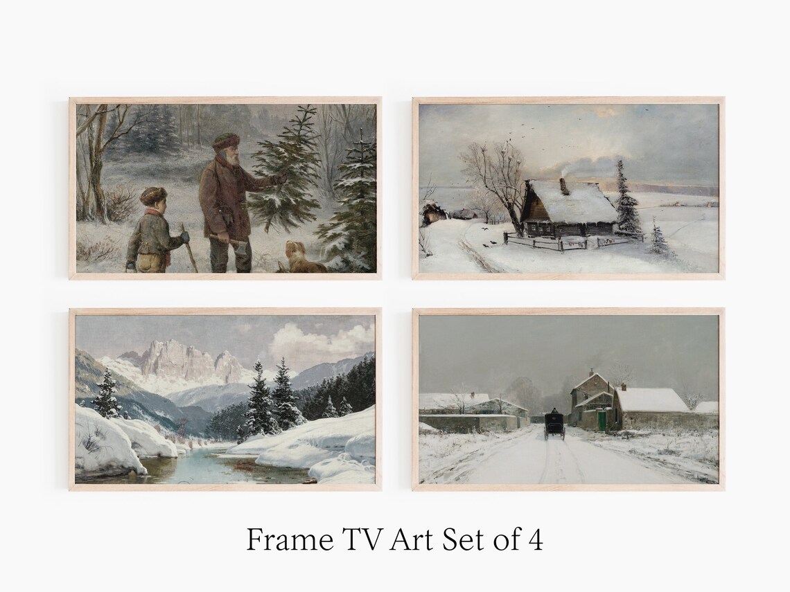 Father Child Choosing Christmas Tree Snowy Woods Vintage Print - Image 4