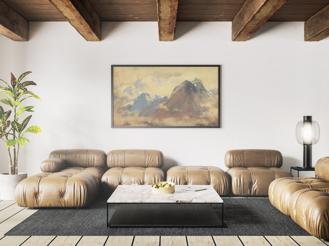 Misty Mountain Peaks Watercolor Painting Soft Alpine Landscape Poster - Image 4