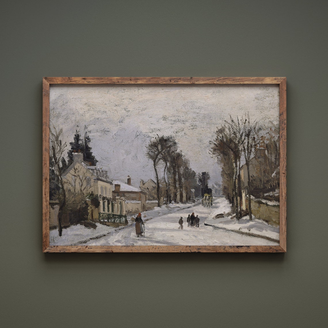 Impressionist Snowy Village Street Figures Winter Scene Print - Image 2