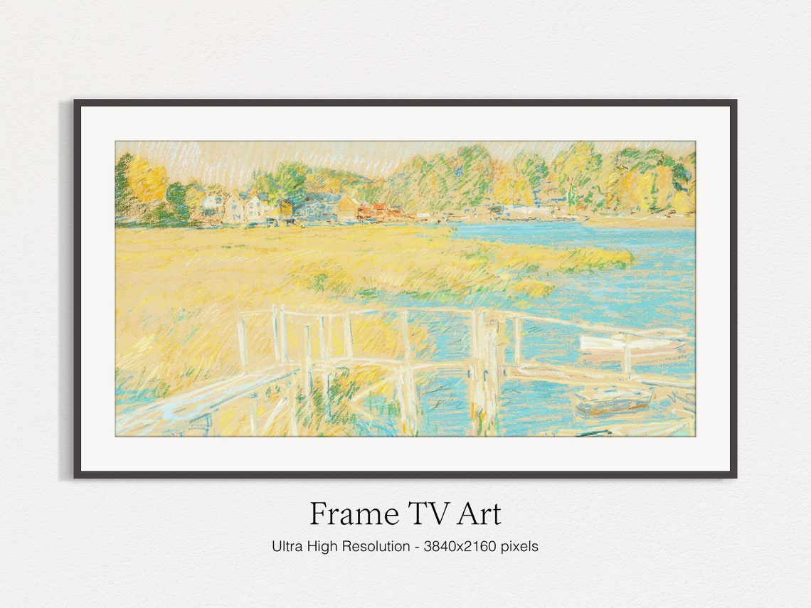 Salt Marsh Dock with Boats in Soft Light Vintage Pastel Art Print - Image 5