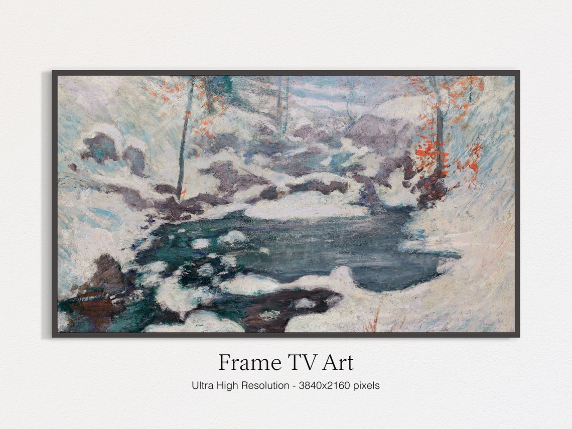 Frozen Stream In Snowy Forest Impressionist Winter Landscape Art Print