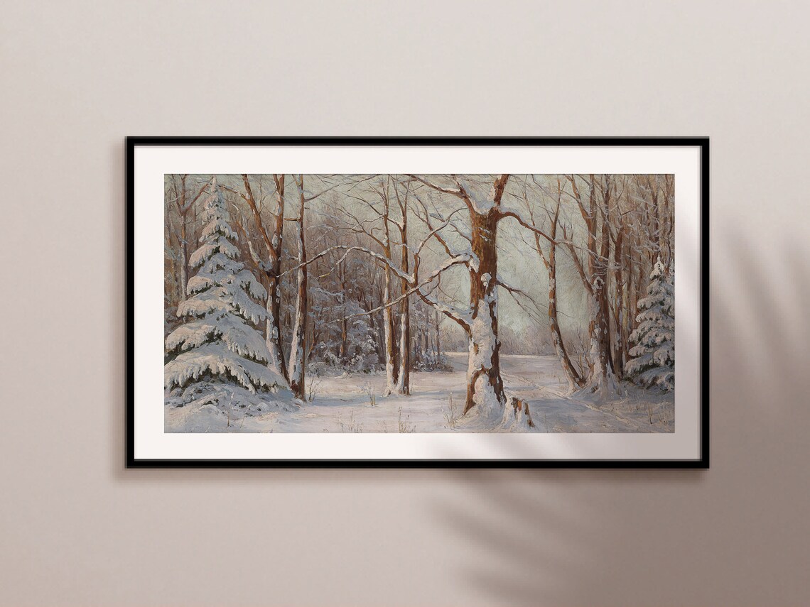 Snowy Forest Vintage Oil Landscape Art Print - Image 2