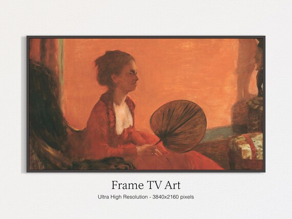 Woman In Red Gown Holding Fan Warm Orange Portrait Vintage Art Print