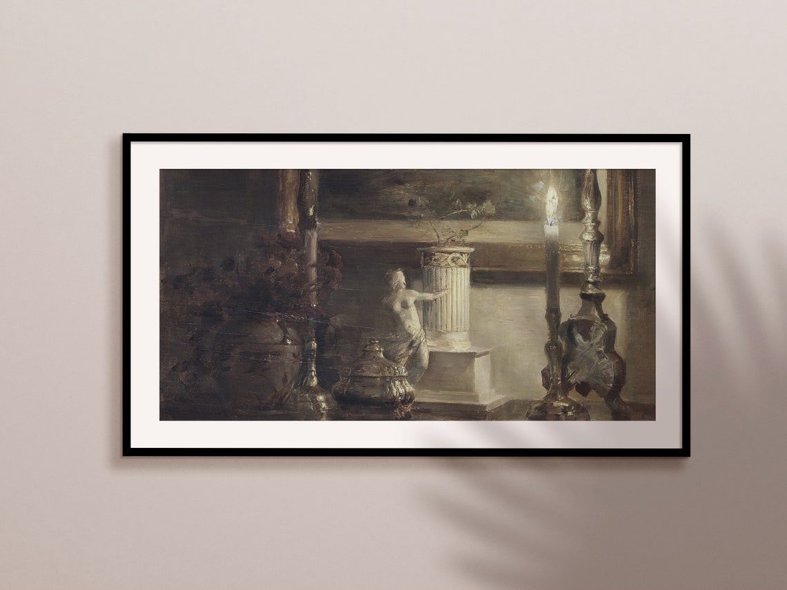 Dark Candlelit Still Life Painting Classical Statue Vintage Wall Art - Image 2
