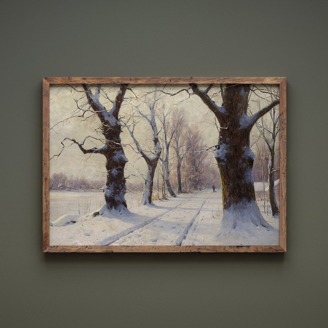 Snowy Tree Lined Winter Road Bare Trees Misty Landscape Art Print - Image 2