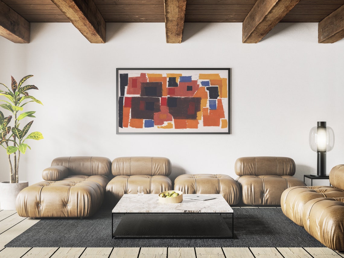 Geometric Blocks in Rust Orange and Blue Modern Abstract Art Print - Image 4