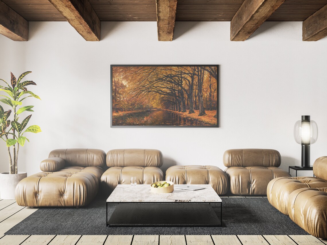Golden Autumn Tree Avenue Reflecting in Water Vintage Oil Painting - Image 4