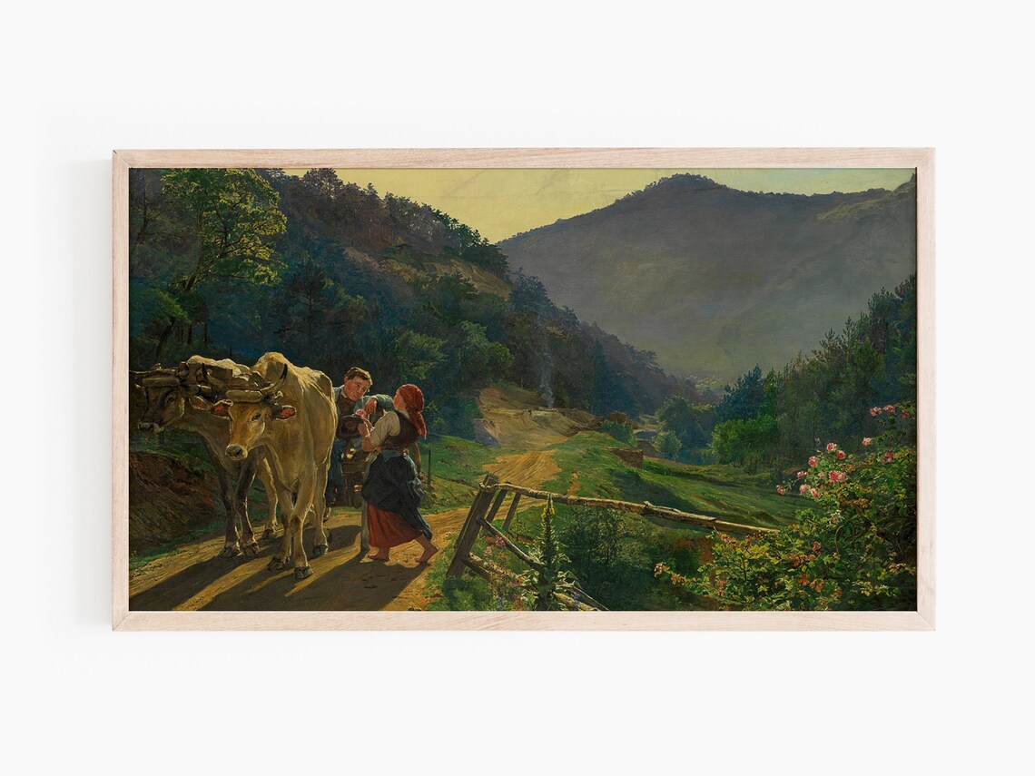 Ox Cart Mountain Road Vintage Painting Alpine Countryside Wall Art - Image 3