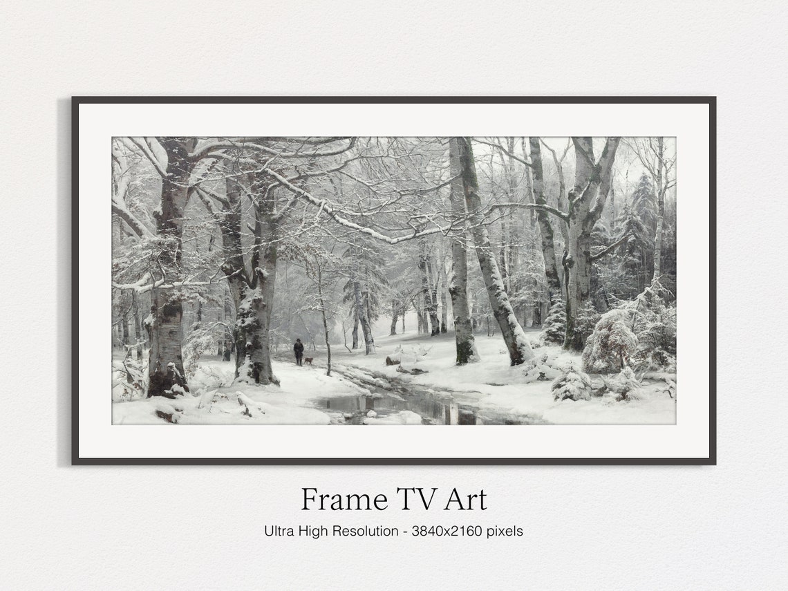 Moody Snowy Birch Forest Winter Walk Frozen Stream Landscape Print