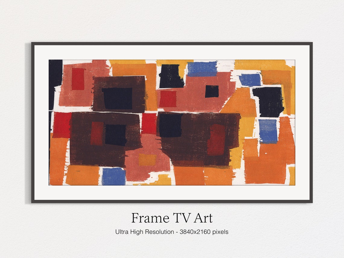 Geometric Blocks in Rust Orange and Blue Modern Abstract Art Print - Image 5