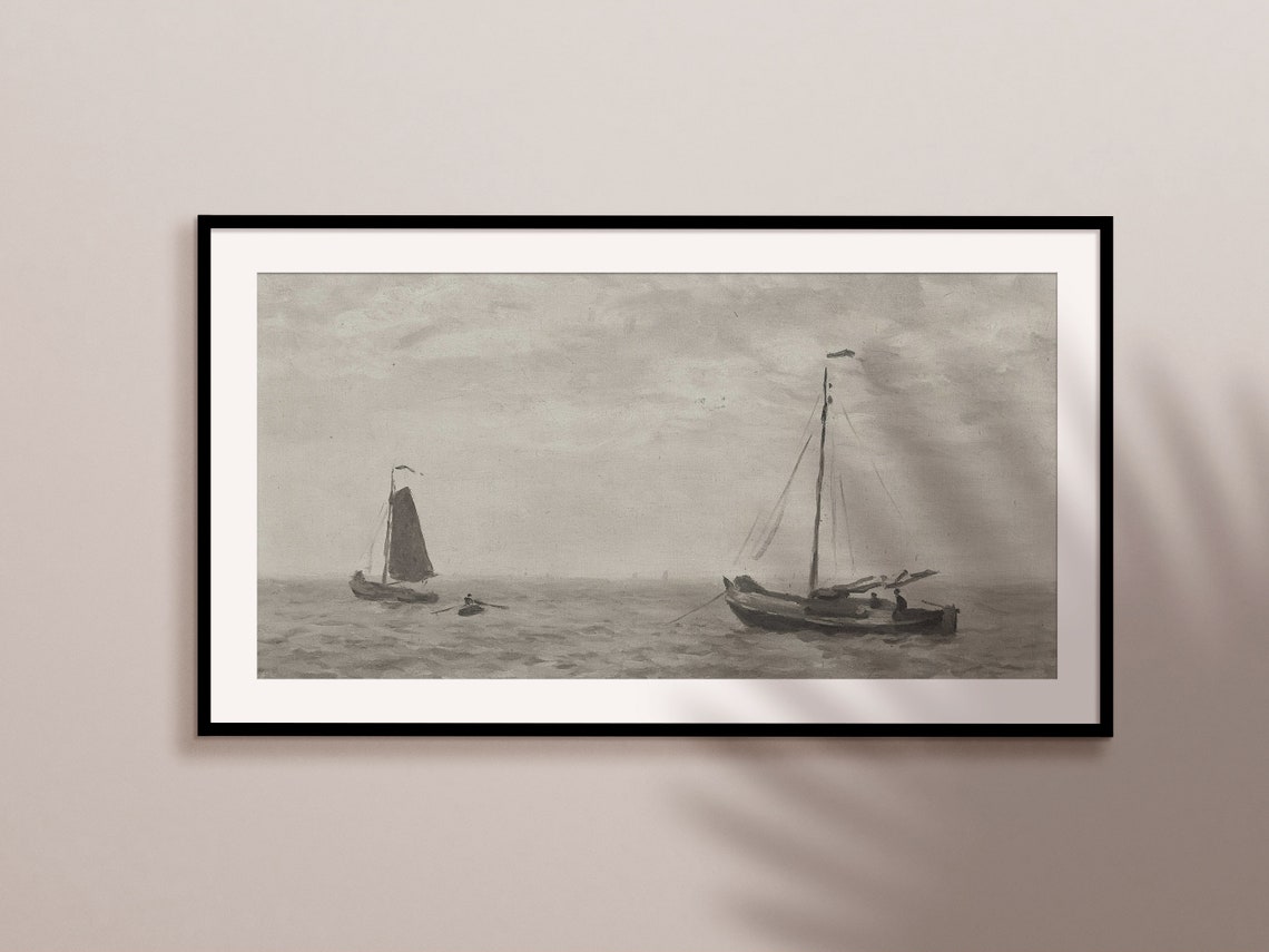 Moody Grey Seascape Sailboats On Calm Sea Vintage Marine Print - Image 2