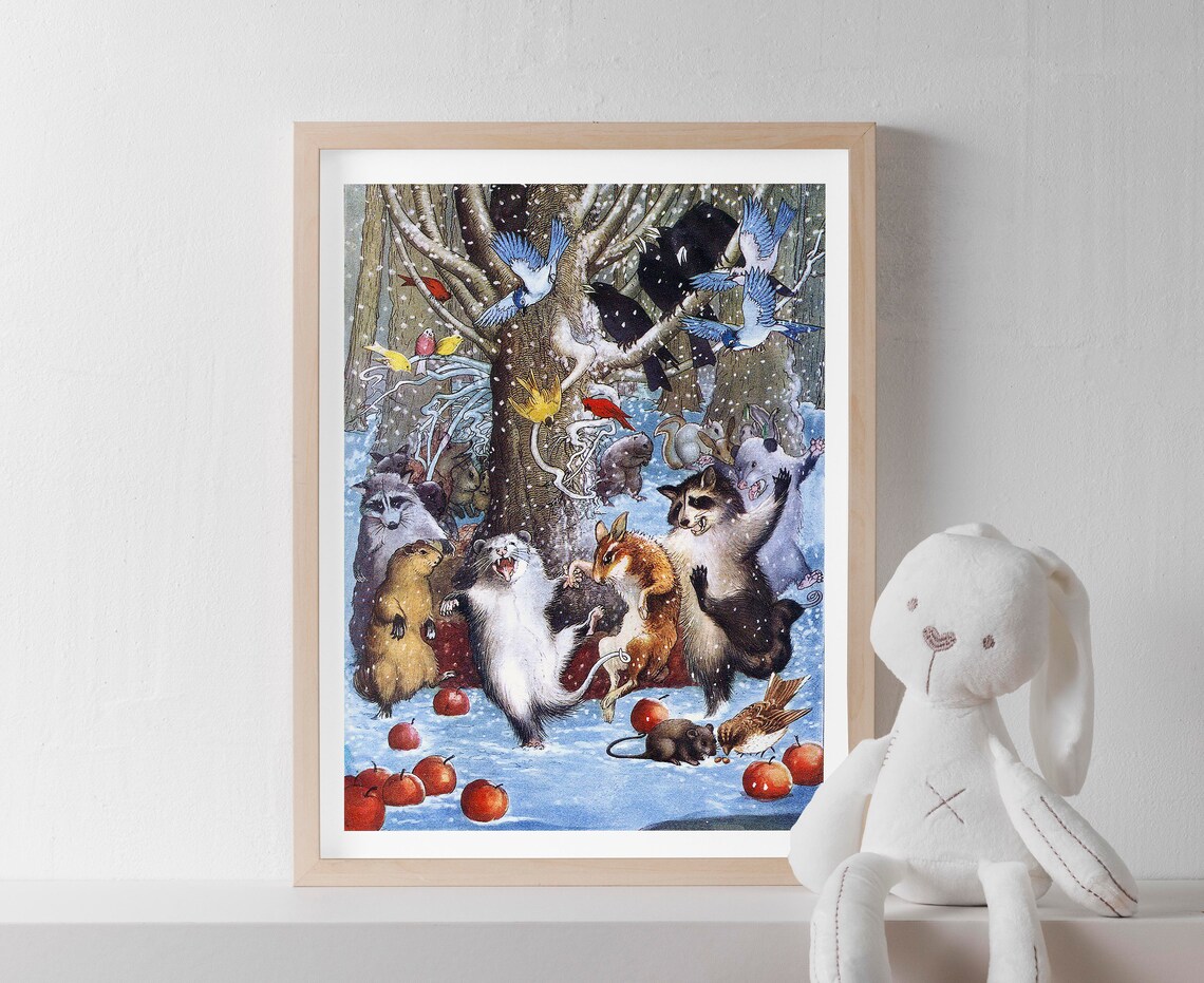Woodland Animals Dancing In Snow Winter Forest Vintage Storybook Print - Image 3