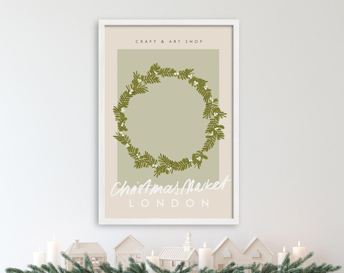 London Christmas Market Pine Wreath Minimal Botanical Travel Poster