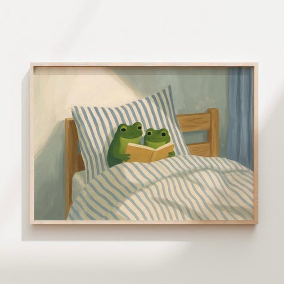 Frogs Reading Book In Bed Print Cozy Bookworm Frog Wall Art Whimsical Cottagecore Painting Bedtime Story Nursery Decor Horizontal Poster