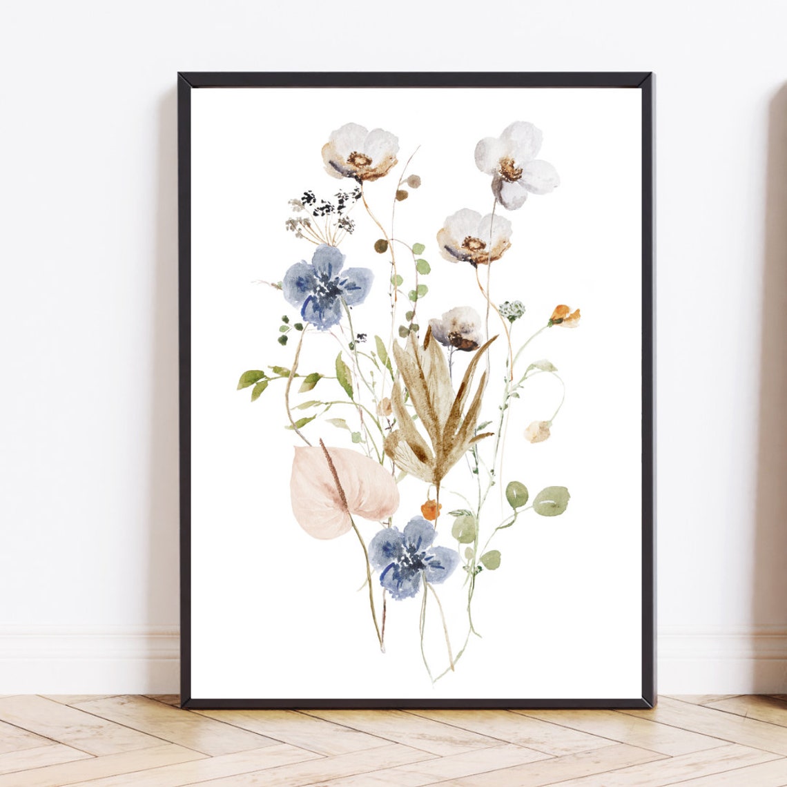 Watercolor Blue Wildflower Bouquet Print Set Of Three Art Home - Image 2