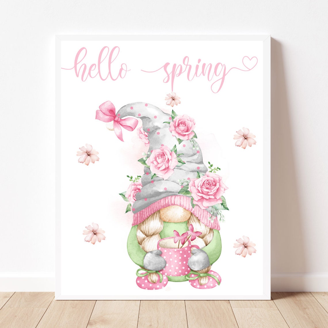 Hello Spring Gnome Girl Roses Floral Watercolor Decor Poster