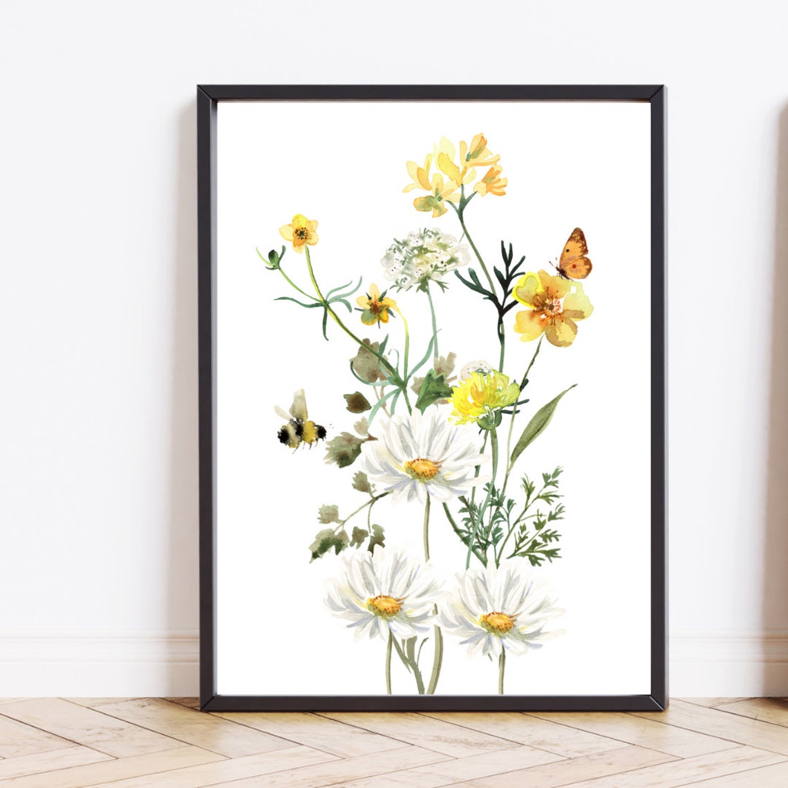 Watercolor Spring Wildflowers Daisy Bee Butterfly Art Poster