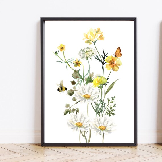 Watercolor Spring Wildflowers Daisy Bee Butterfly Art Poster