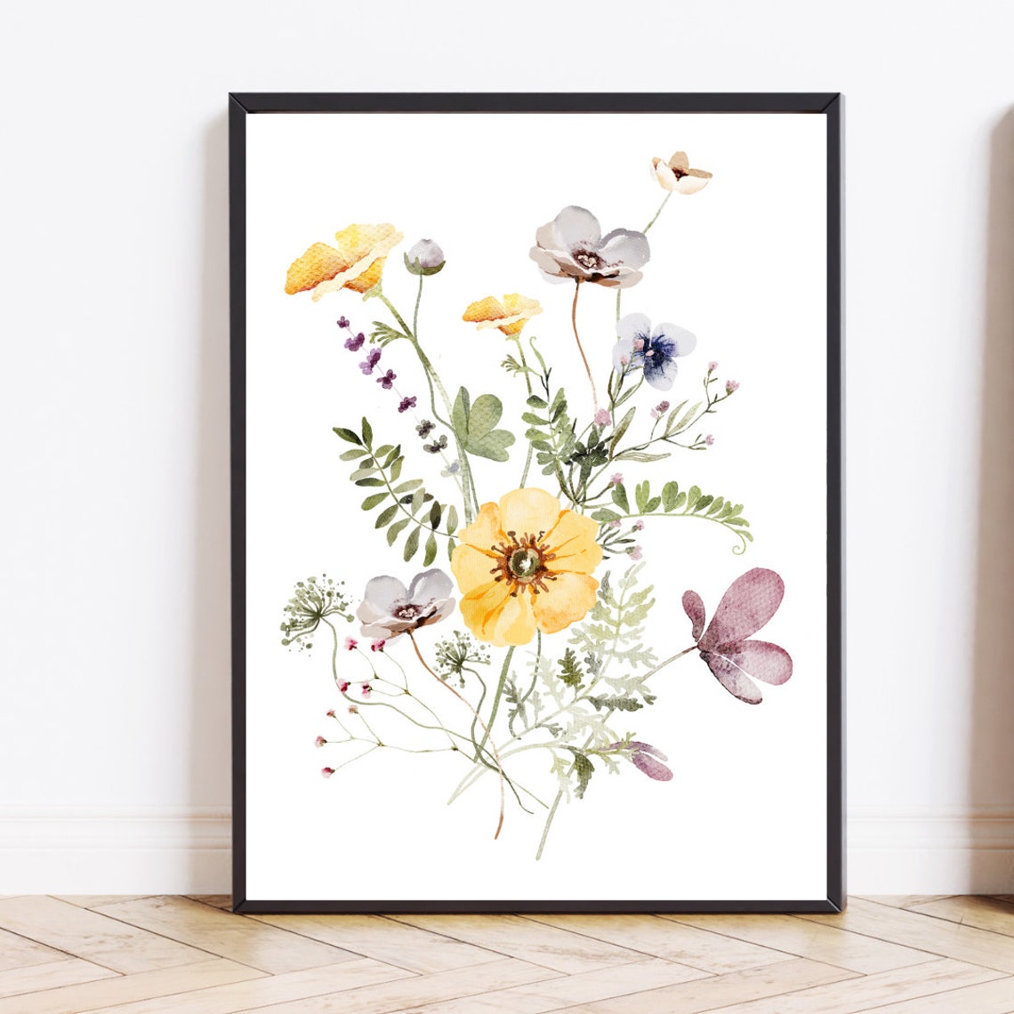 Watercolor Wildflower Bouquet Yellow Purple Botanical Art Poster