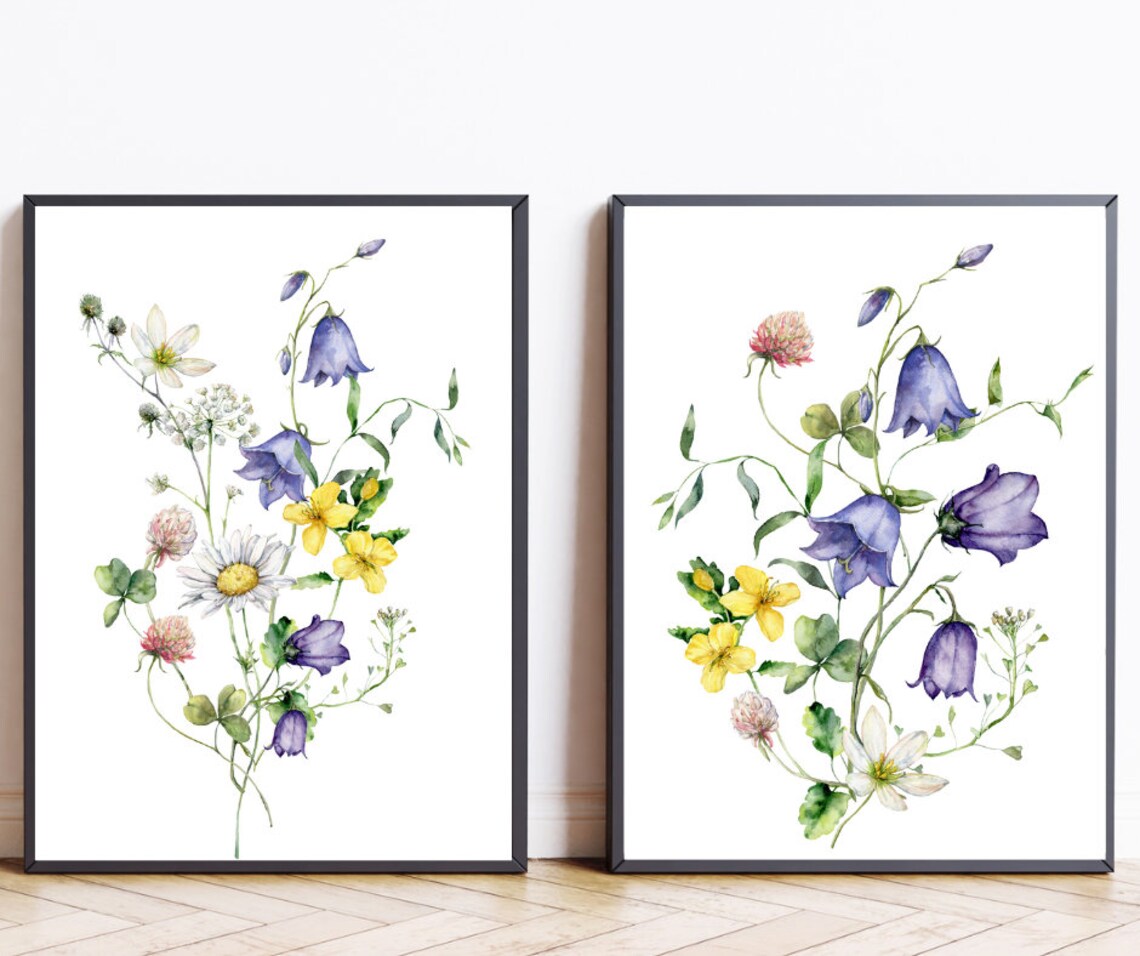 Watercolor Wildflower Bellflower Daisy Floral Set of 2 Poster
