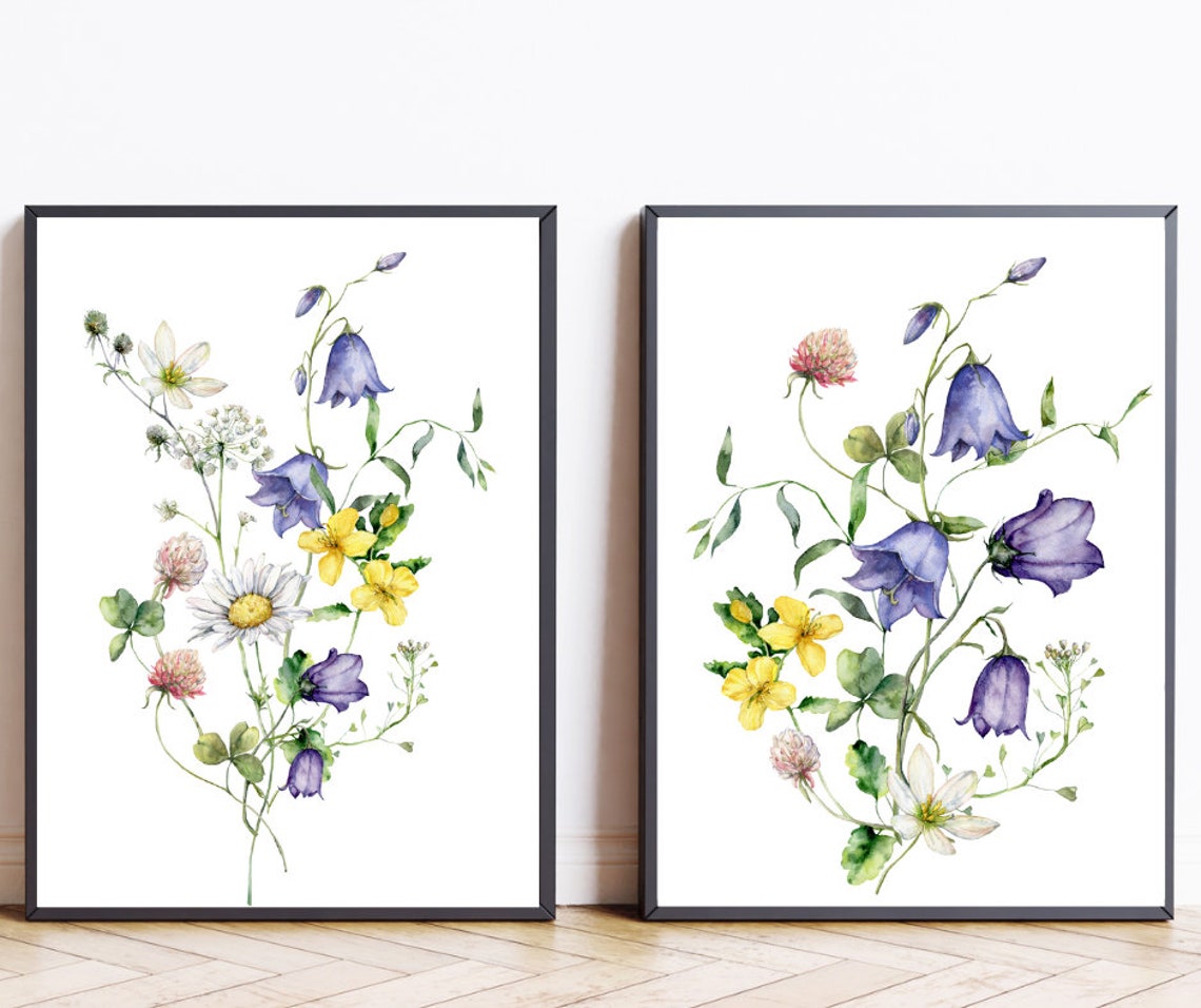 Watercolor Wildflowers Bluebell Daisy Print Set Of Two Art Home