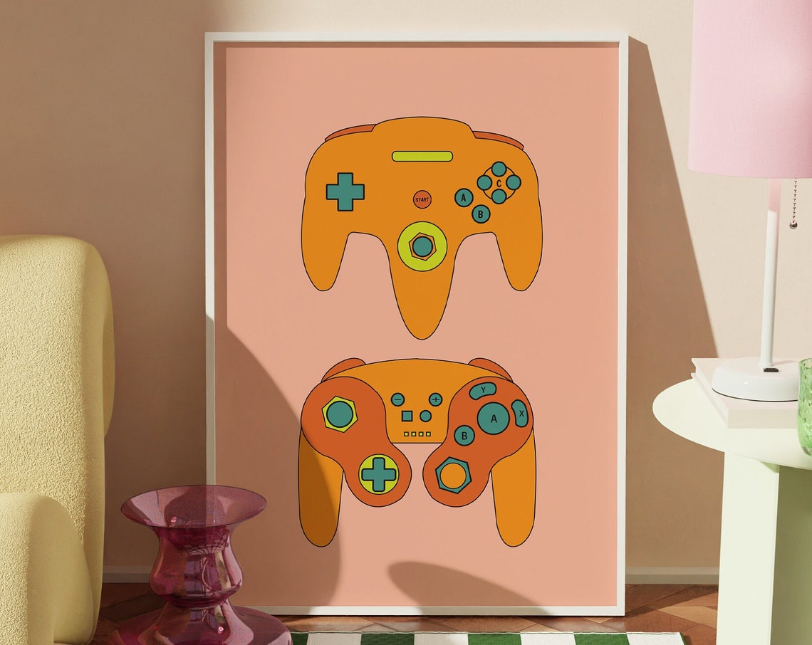 Retro Game Controllers Orange Retro Gamer Gift Game Room Poster