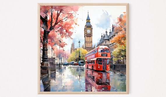London Watercolor Print, Big Ben Red Bus Travel Poster