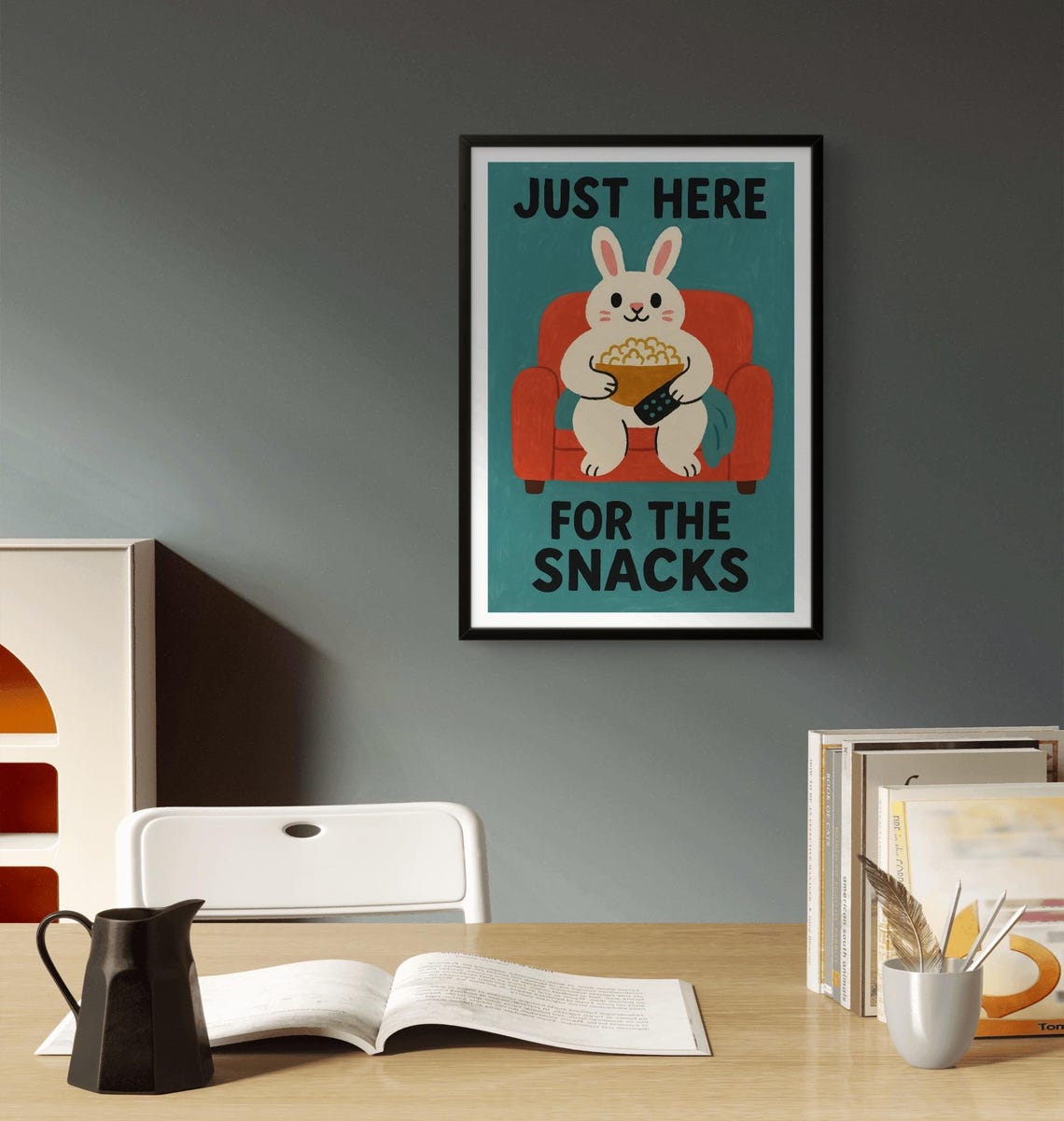 Bunny Just Here for the Snacks Popcorn Movie Night Cute Animal Poster